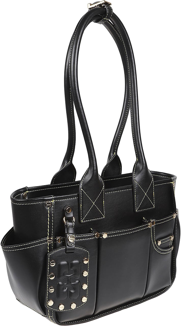 Ganni Structured Black Handbag with Contrasting White Stitching Zwart
