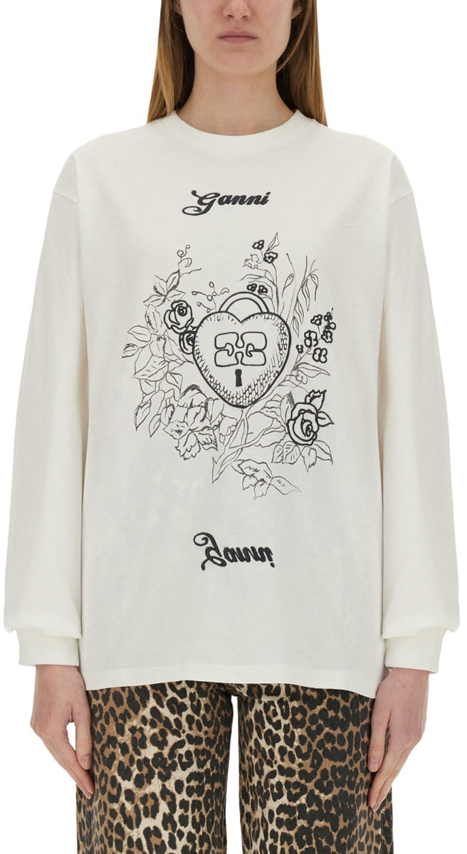 Ganni COTTON EMBROIDERED T-SHIRT Wit