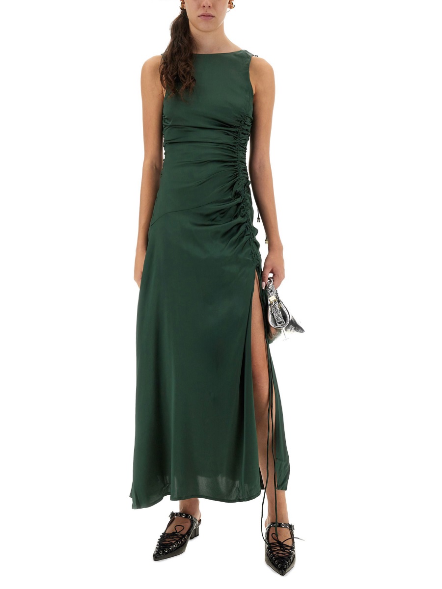Ganni GATHERED SATIN DRESS Groen