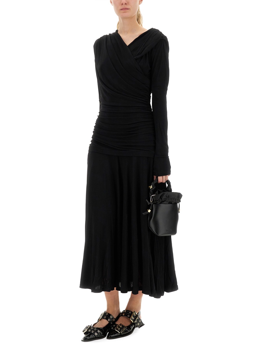Ganni GATHERED MIDI DRESS Zwart