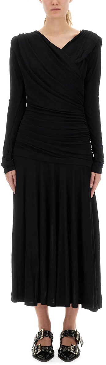Ganni GATHERED MIDI DRESS Zwart