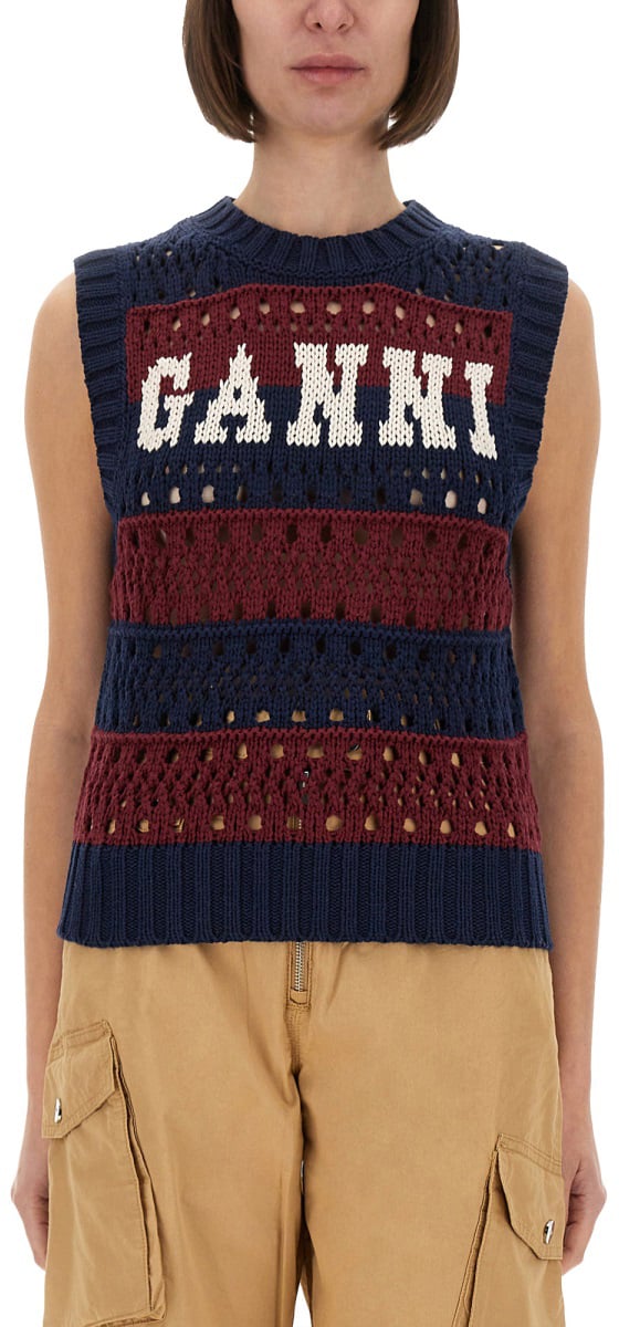 Ganni STRIPED VEST WITH LOGO Zwart