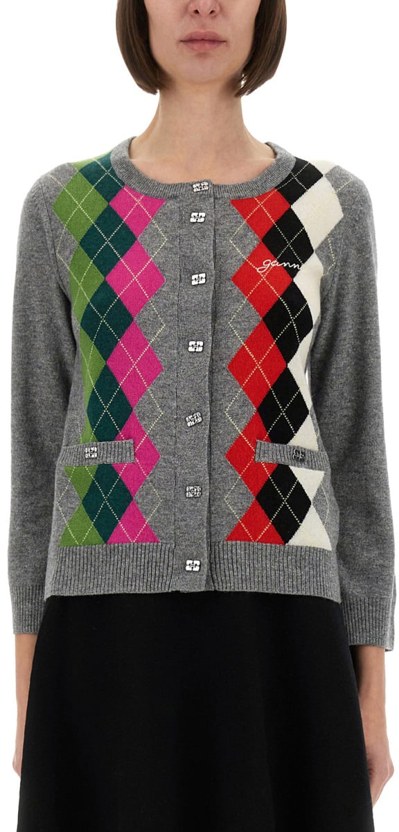 Ganni JACQUARD CASHMERE CARDIGAN Paars