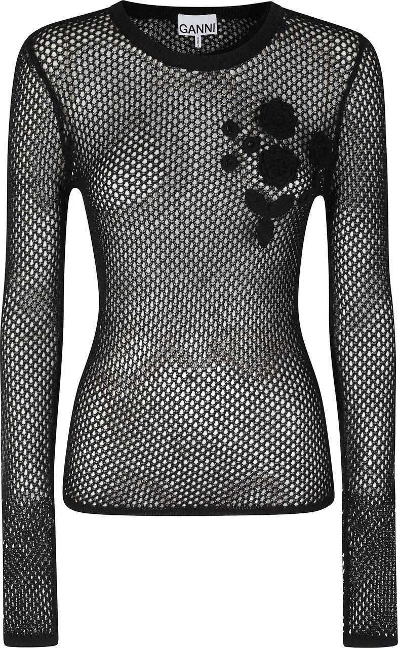 Ganni TOP IN MESH DI COTONE MERCERIZZATO Zwart