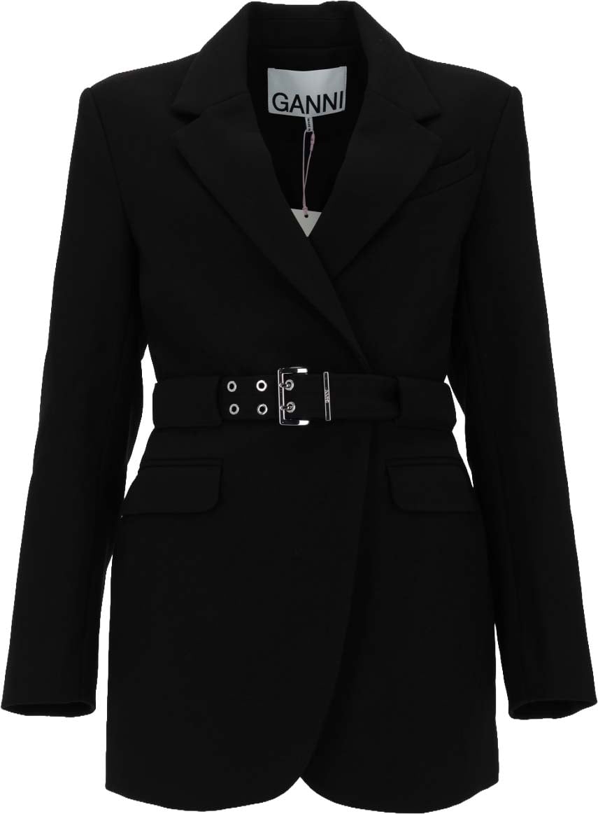 Ganni BLAZER IN CREPE CON CINTURA Zwart