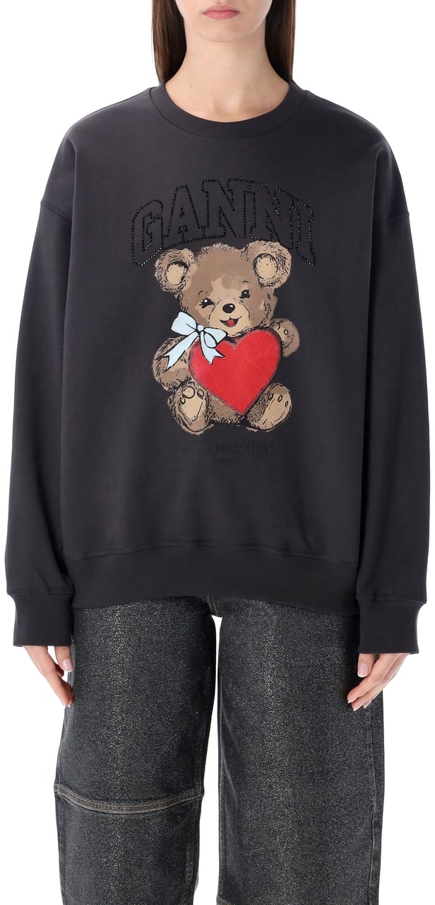 Ganni Crewneck Bear Rhinestone Phantom Black Donkergrijs