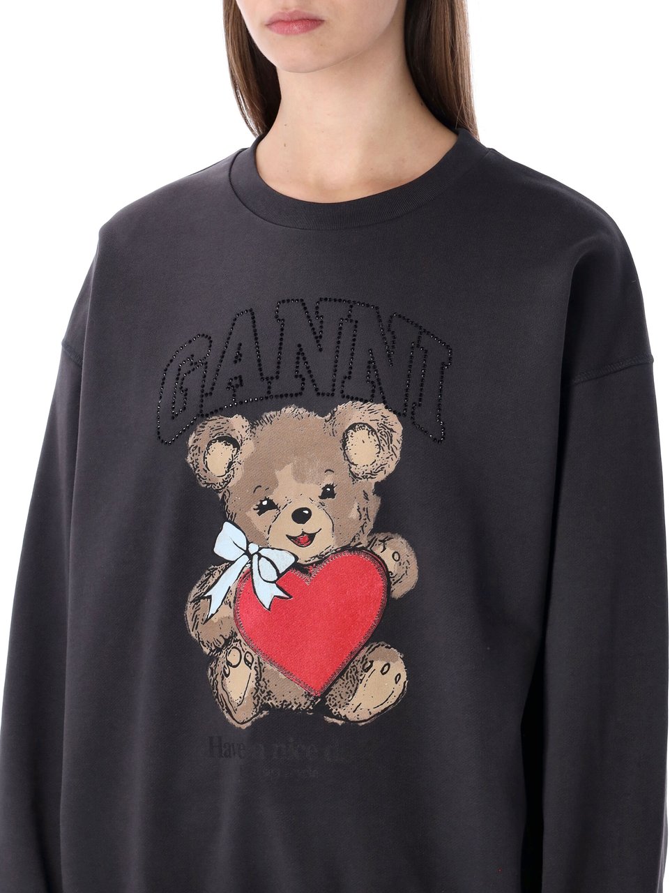 Ganni Crewneck Bear Rhinestone Phantom Black Donkergrijs