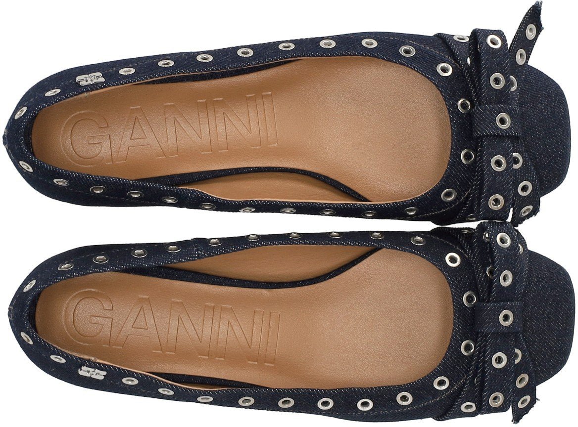 Ganni GANNI DENIM BALLET FLAT SHOE WITH BOWS Blauw