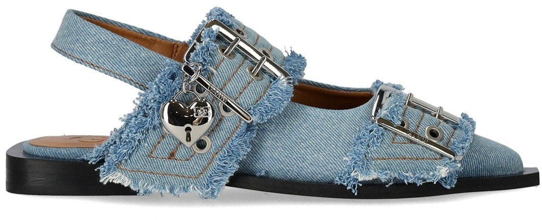 Ganni GANNI FADED DENIM SLINGBACK BALLET FLAT SHOE WITH BUCKLES Lichtblauw