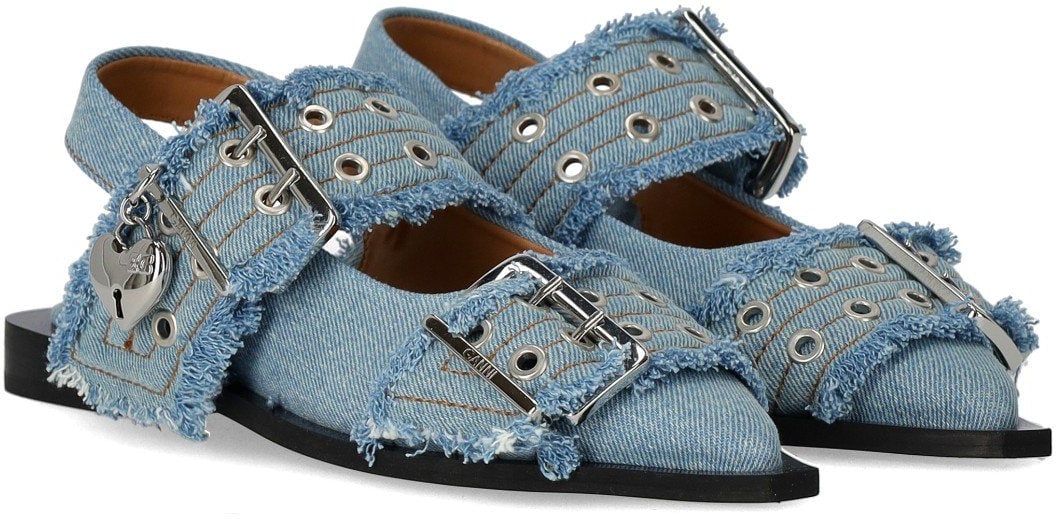 Ganni GANNI FADED DENIM SLINGBACK BALLET FLAT SHOE WITH BUCKLES Lichtblauw