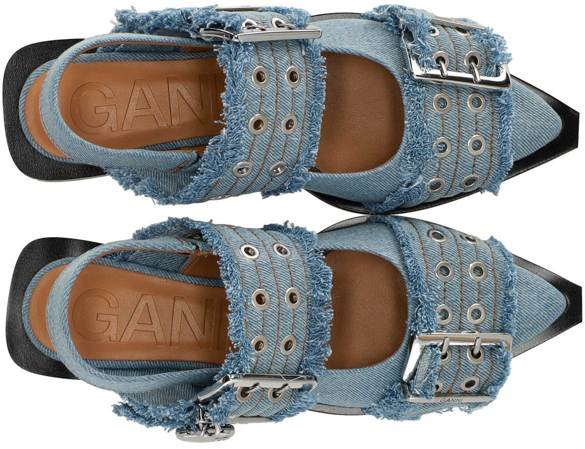 Ganni GANNI FADED DENIM SLINGBACK BALLET FLAT SHOE WITH BUCKLES Lichtblauw