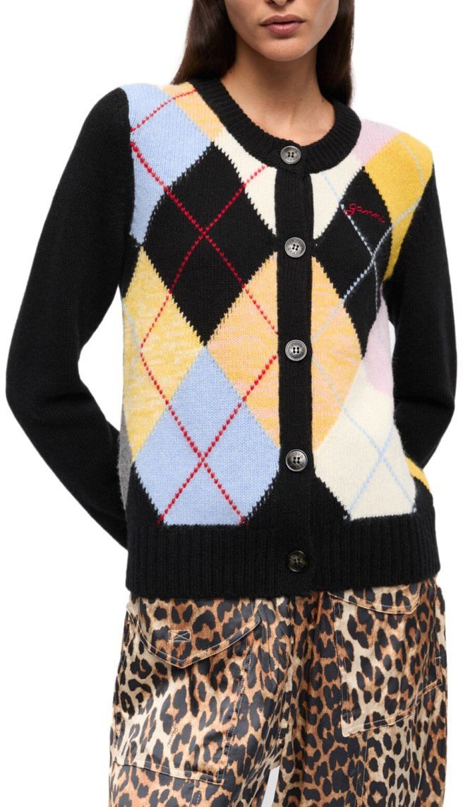 Ganni GANNI HARLEQUIN CARDIGAN Zwart