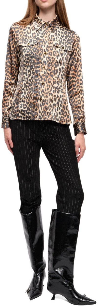Ganni GANNI ANIMALIER SATIN SHIRT Beige