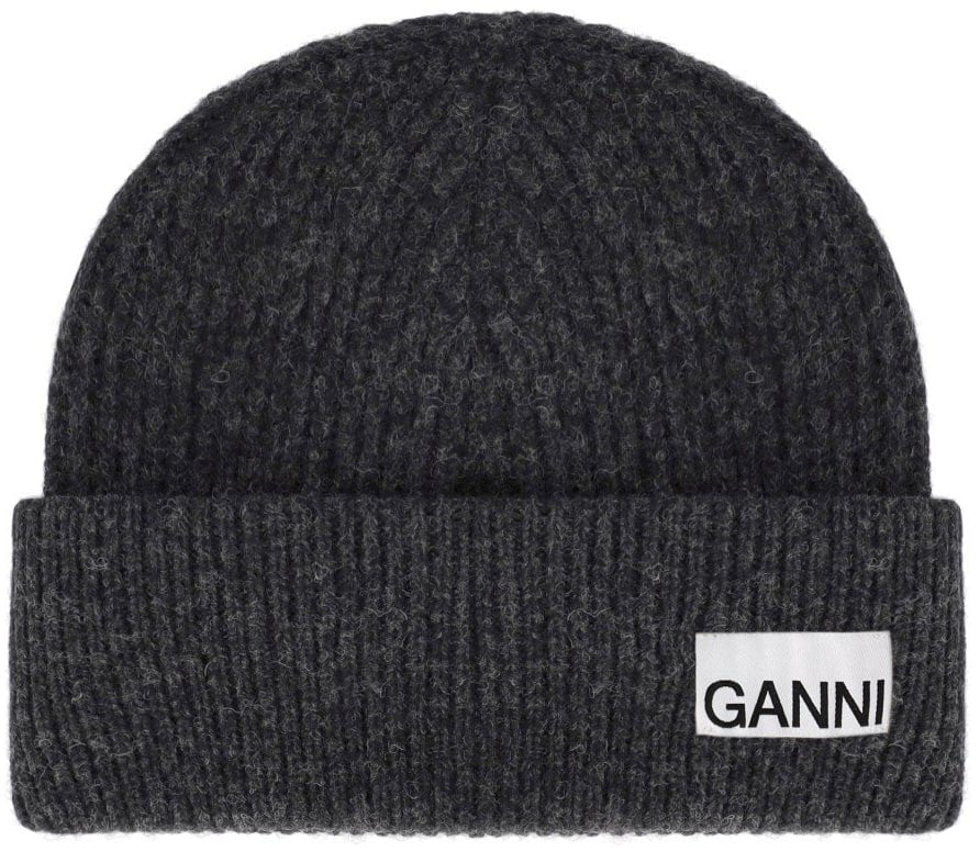 Ganni GANNI DARK GREY RIBBED BEANIE Grijs