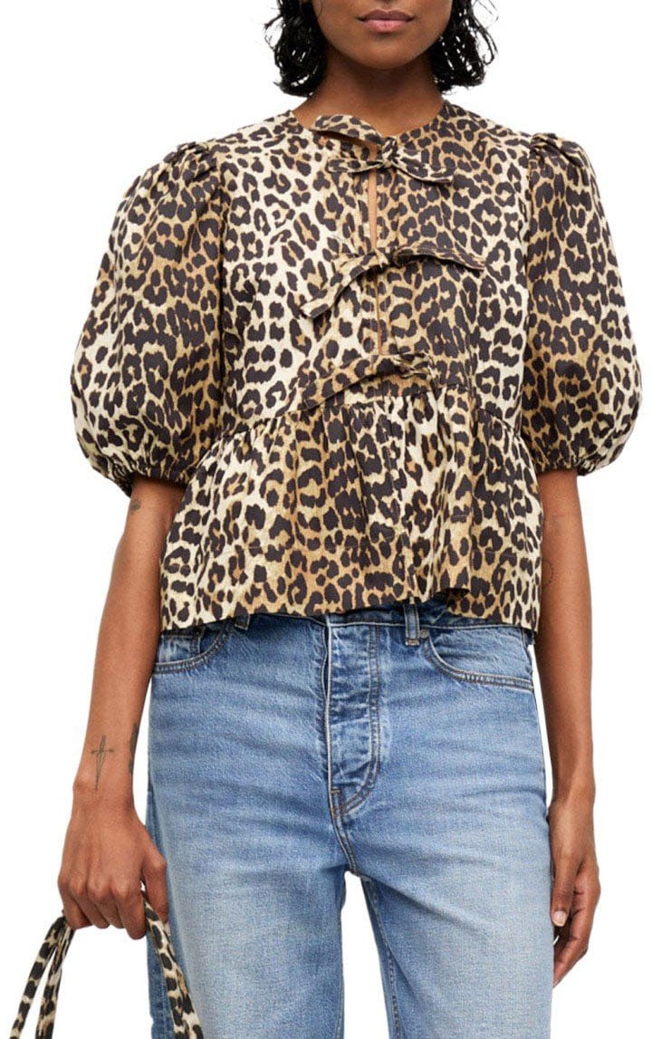 Ganni GANNI PEPLUM ANIMAL PRINT BLOUSE Beige