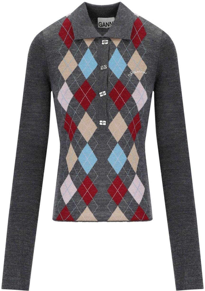 Ganni GANNI GREY JACQUARD POLO SWEATER Grijs