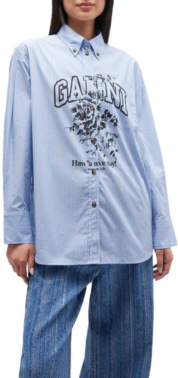 Ganni GANNI FLOWERS LIGHT BLUE SHIRT Lichtblauw