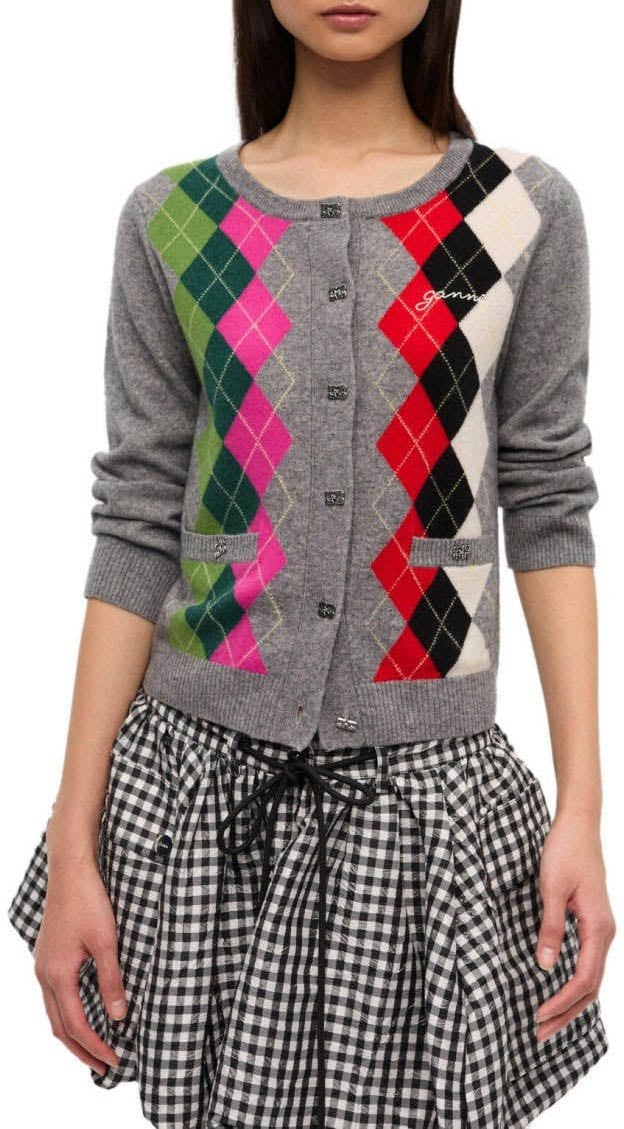 Ganni GANNI GREY DIAMOND CARDIGAN Grijs