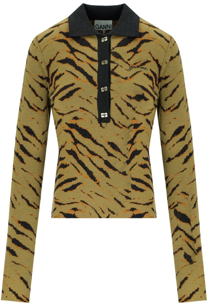 Ganni GANNI KHAKI ZEBRA PRINT POLO PULLOVER Beige