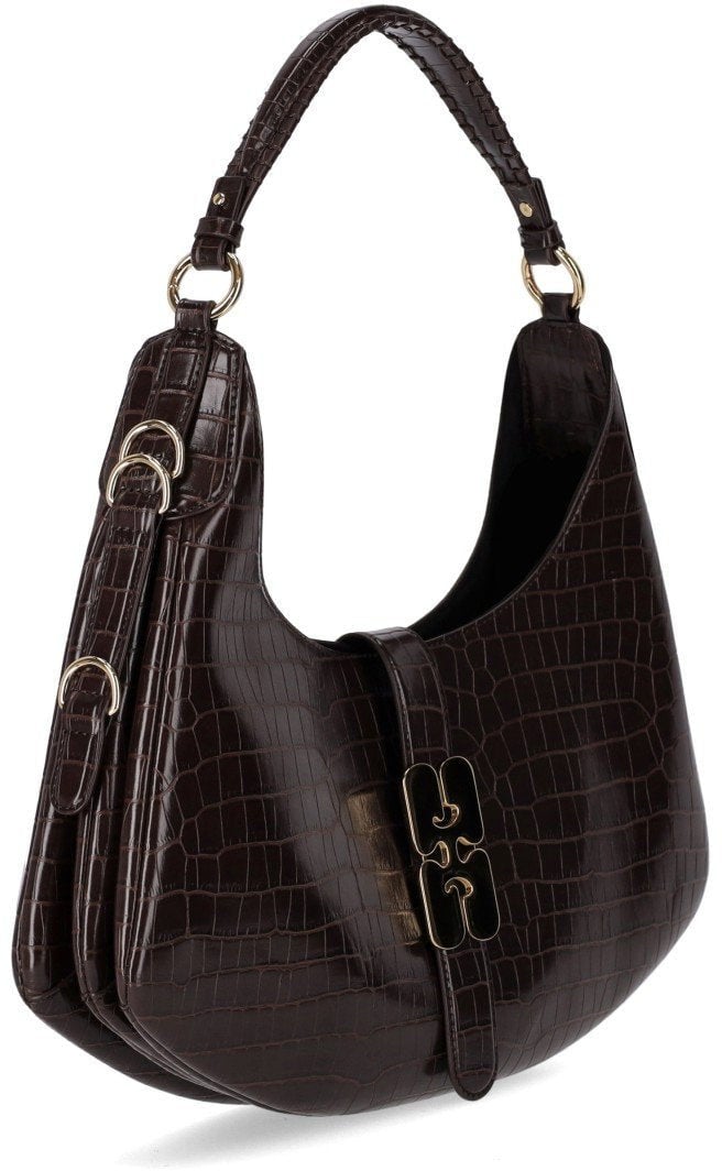Ganni GANNI KAT SMALL CROCO CHOCOLATE FONDANT HOBO BAG Bruin