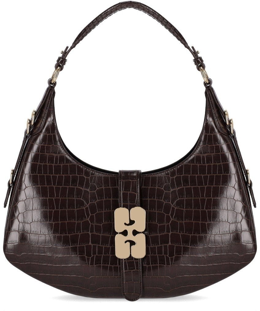 Ganni GANNI KAT SMALL CROCO CHOCOLATE FONDANT HOBO BAG Bruin