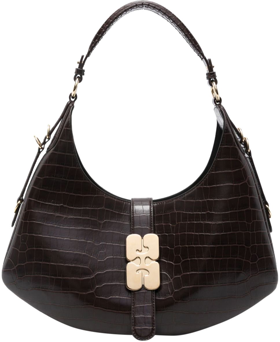 Ganni GANNI KAT SMALL CROCO CHOCOLATE FONDANT HOBO BAG Bruin