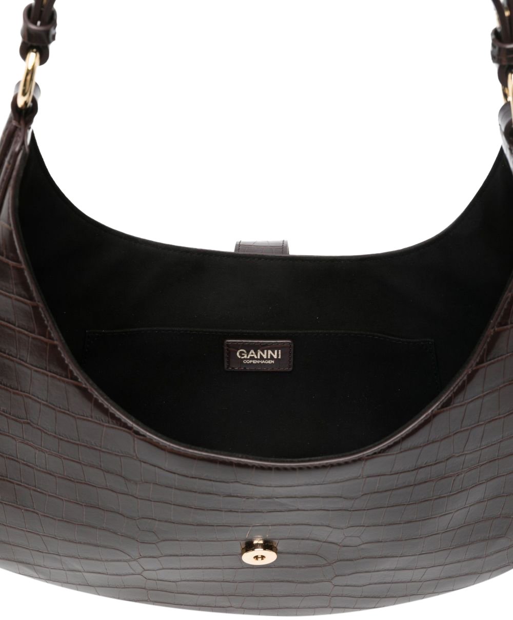 Ganni GANNI KAT SMALL CROCO CHOCOLATE FONDANT HOBO BAG Bruin