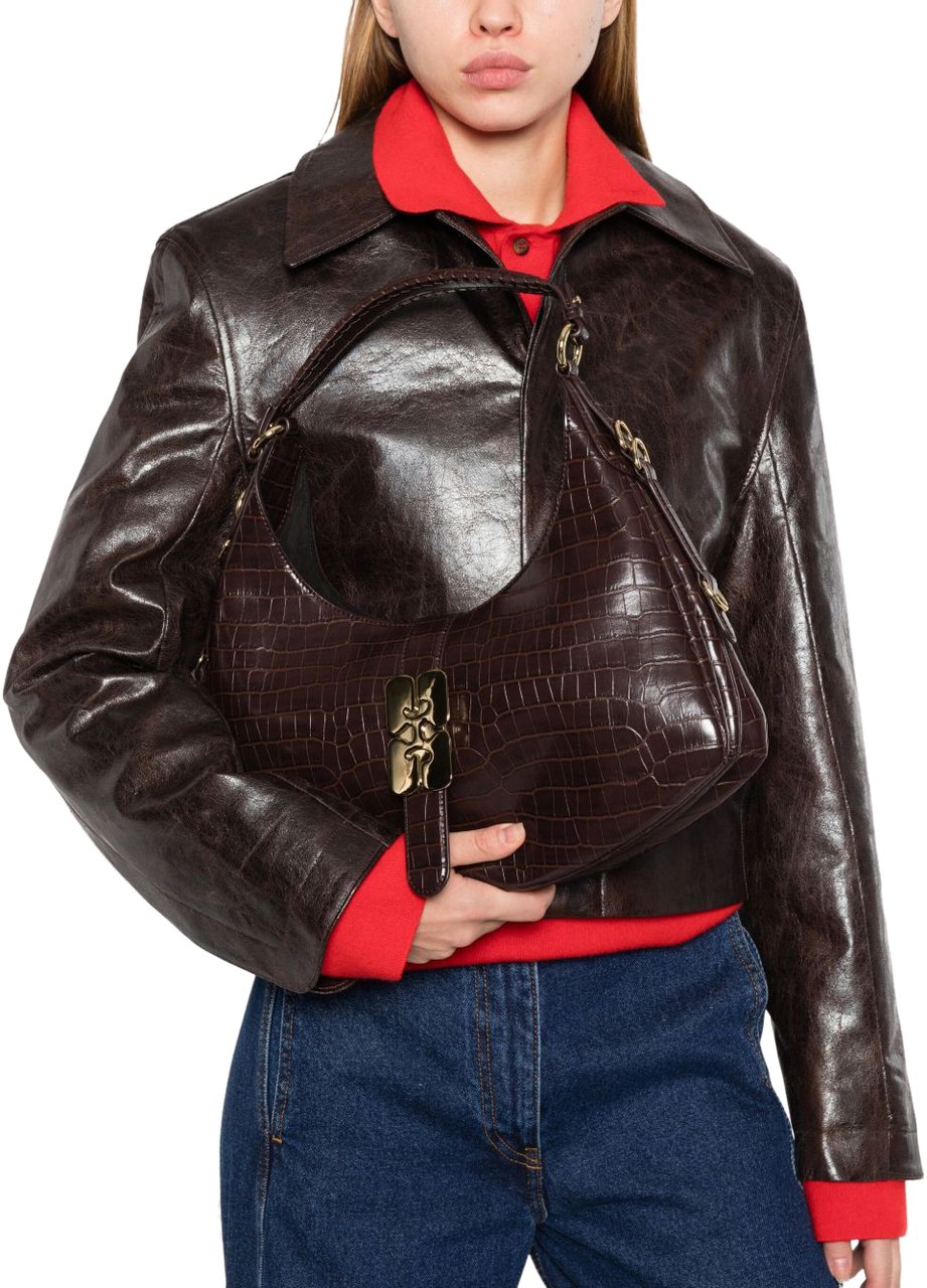 Ganni GANNI KAT SMALL CROCO CHOCOLATE FONDANT HOBO BAG Bruin