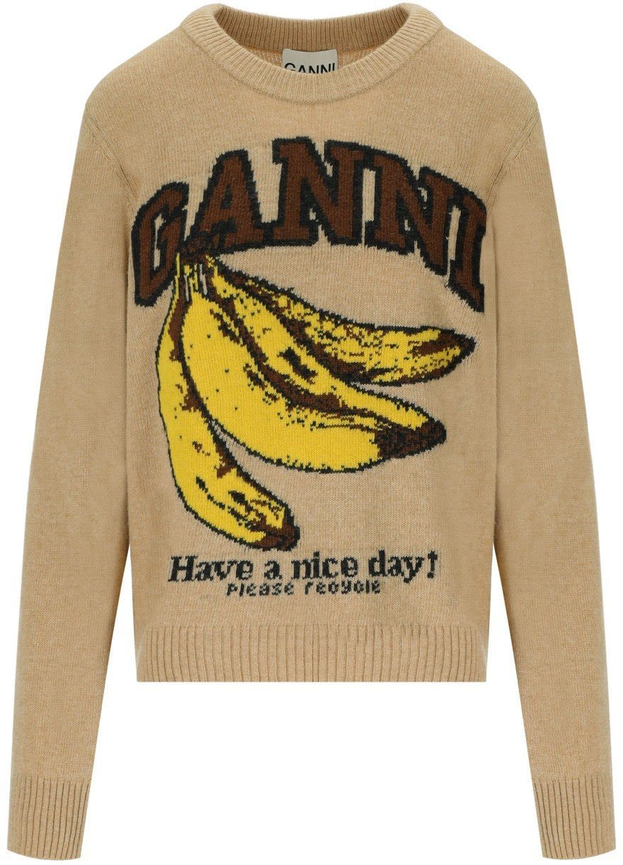 Ganni GANNI GRAPHIC CREWNECK JUMPER Beige