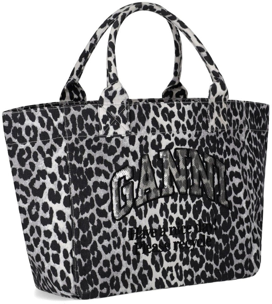 Ganni GANNI LEOPARD PRINT GREY SHOPPING BAG Zilver