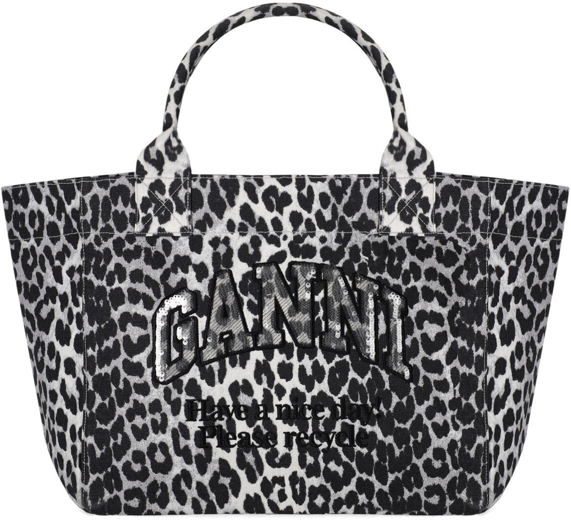 Ganni GANNI LEOPARD PRINT GREY SHOPPING BAG Zilver