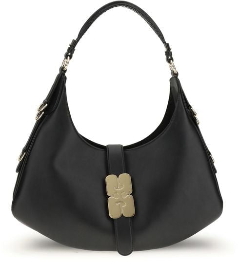 Ganni Ganni Black Calf Leather Bos Taurus Shoulder Bag Zwart