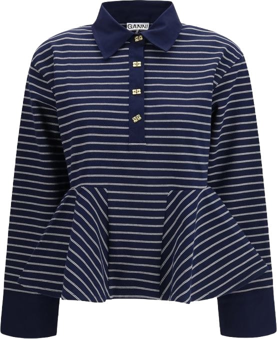 Ganni Blue Cotton Polo Shirt Blauw