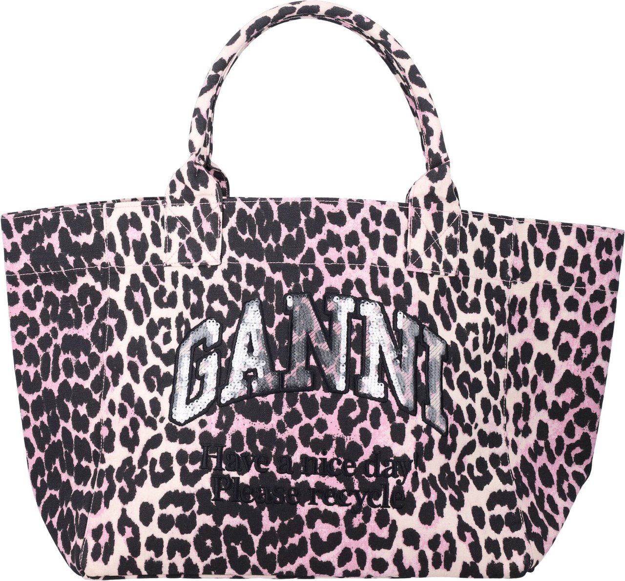 Ganni Leopard Printed Sequin Medium Tote Grijs