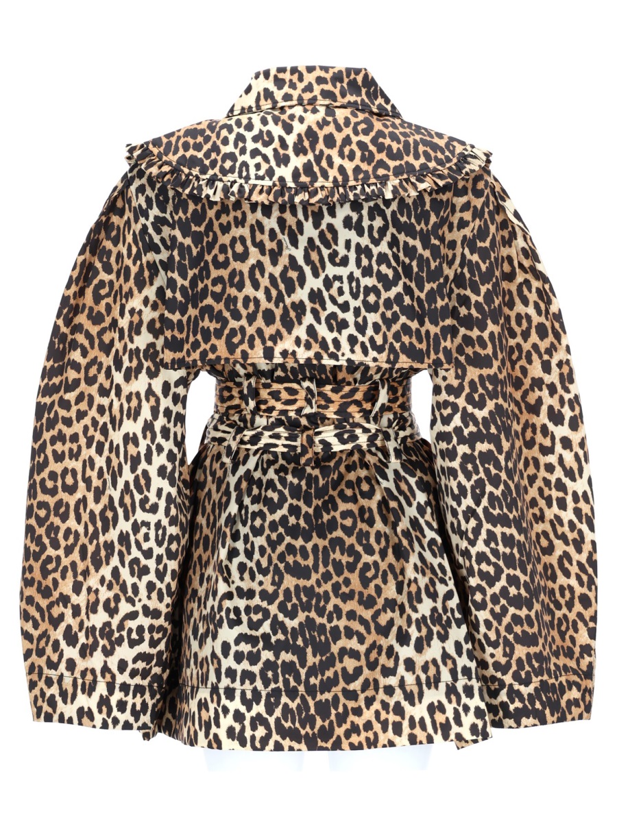 Ganni Short Leopard Print Ruffle Trim Trench Coat Grijs