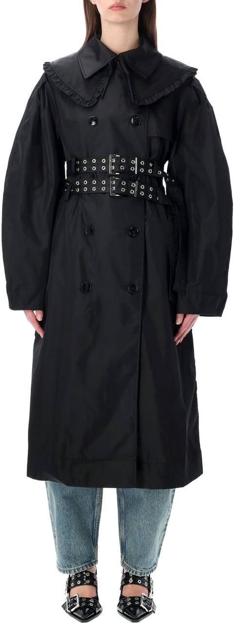 Ganni Duchesse Nylon Trench Nero Zwart