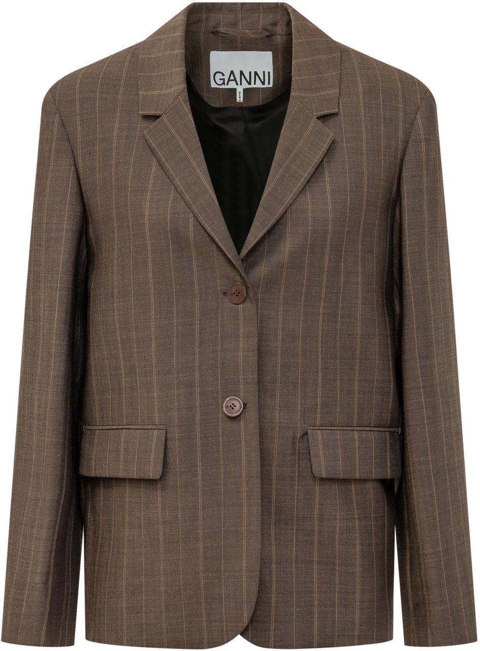Ganni Blazer a Righe con Revers Taupe