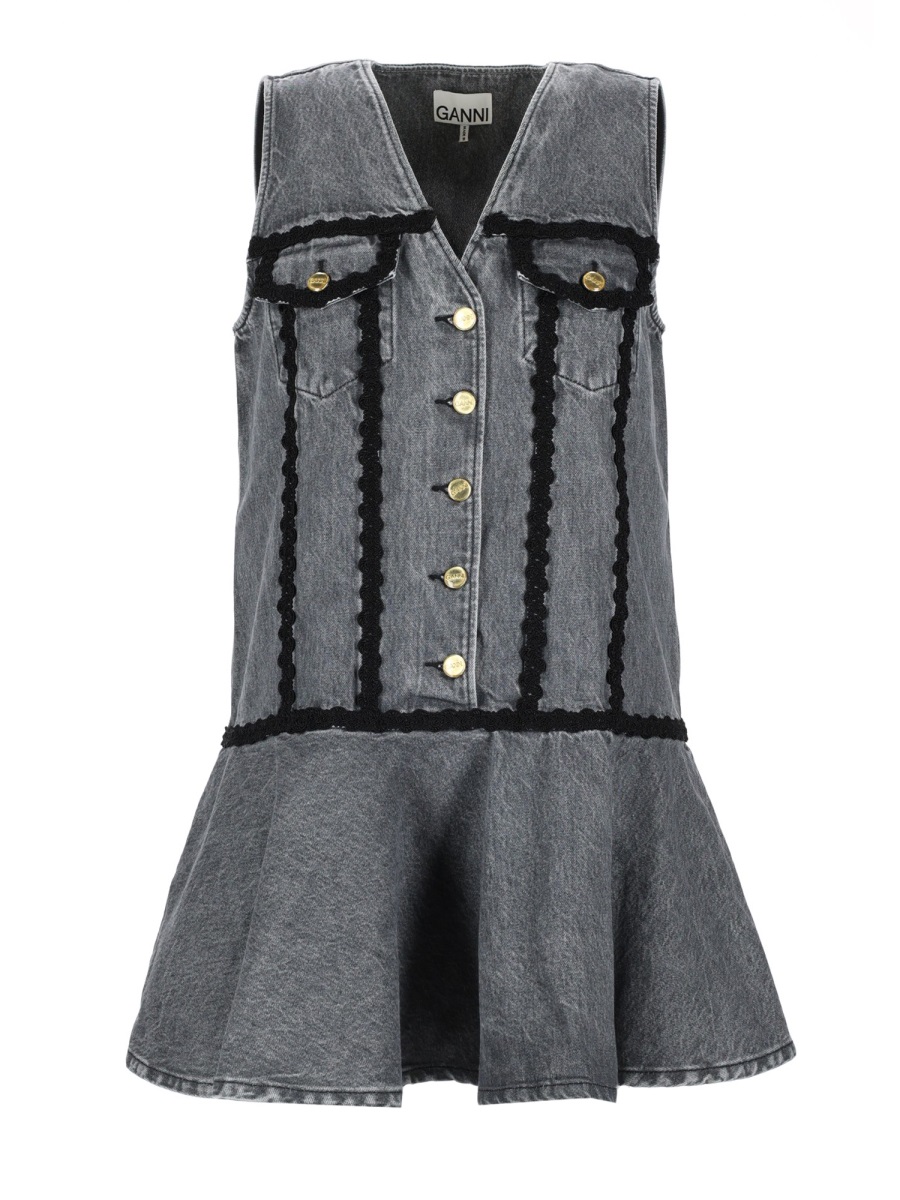 Ganni Washed Grey Gold Buttons Mini Dress Grijs