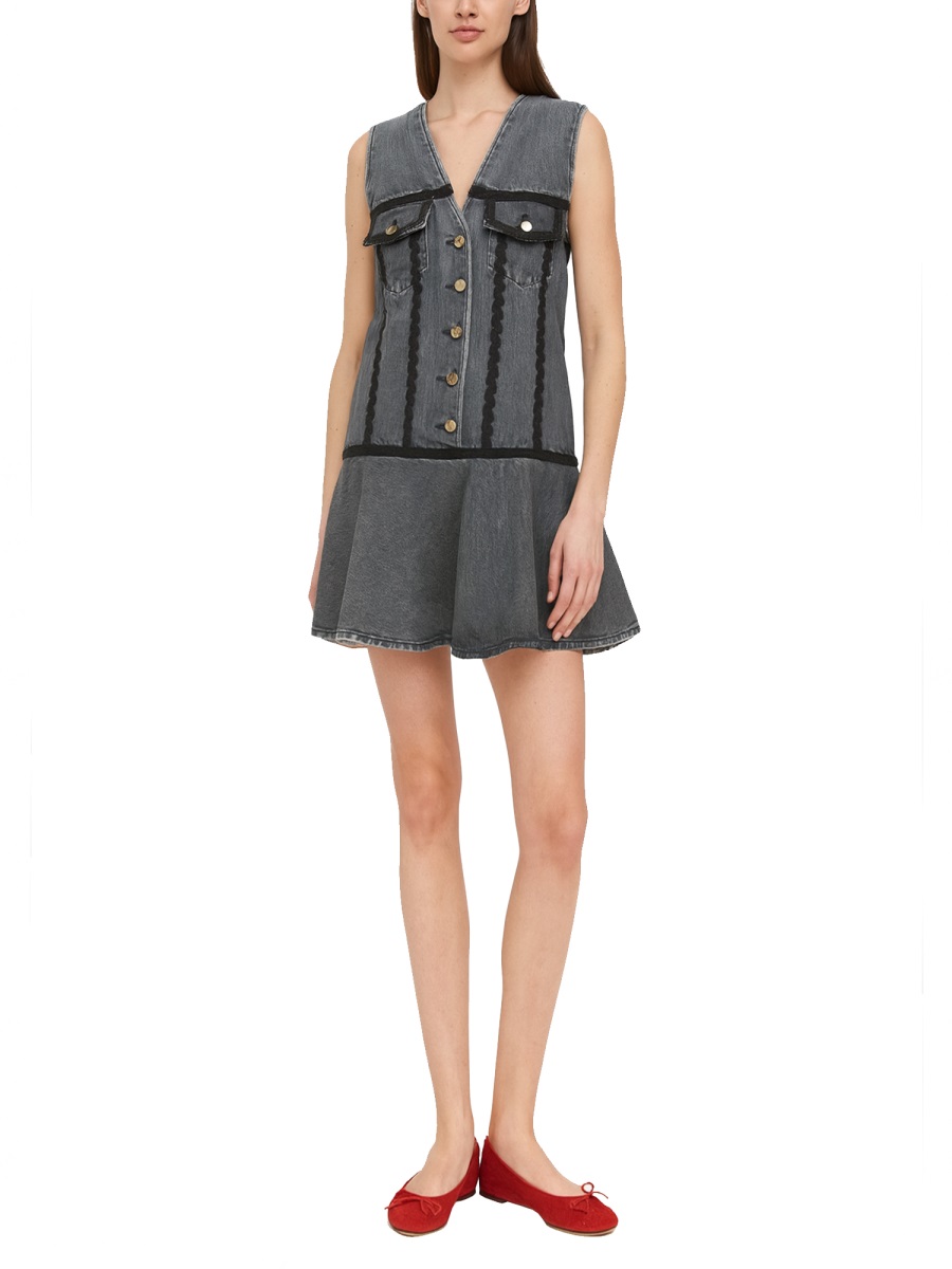 Ganni Washed Grey Gold Buttons Mini Dress Grijs