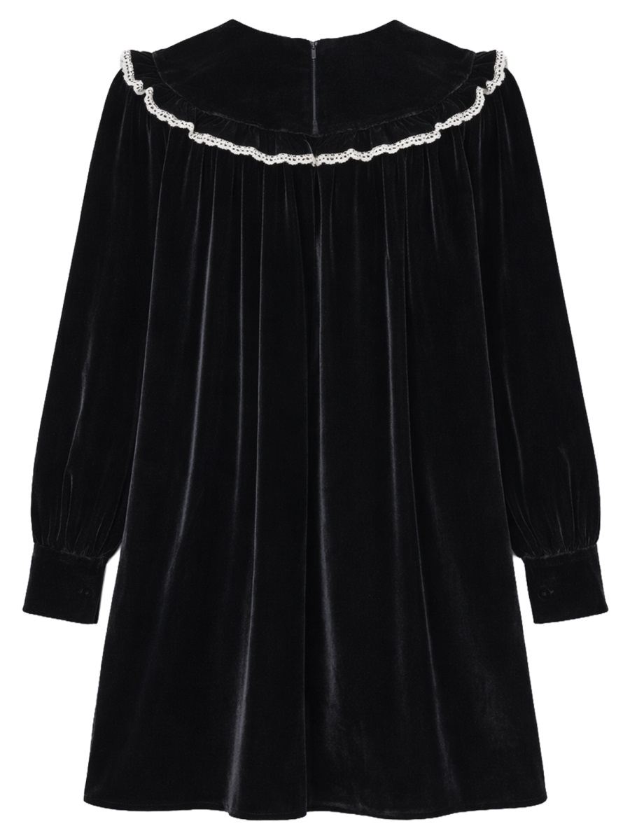 Ganni Neutrals Lace Wide Collar Velvet Mini Dress Zwart