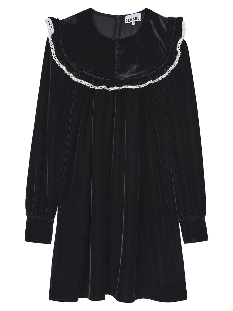 Ganni Neutrals Lace Wide Collar Velvet Mini Dress Zwart