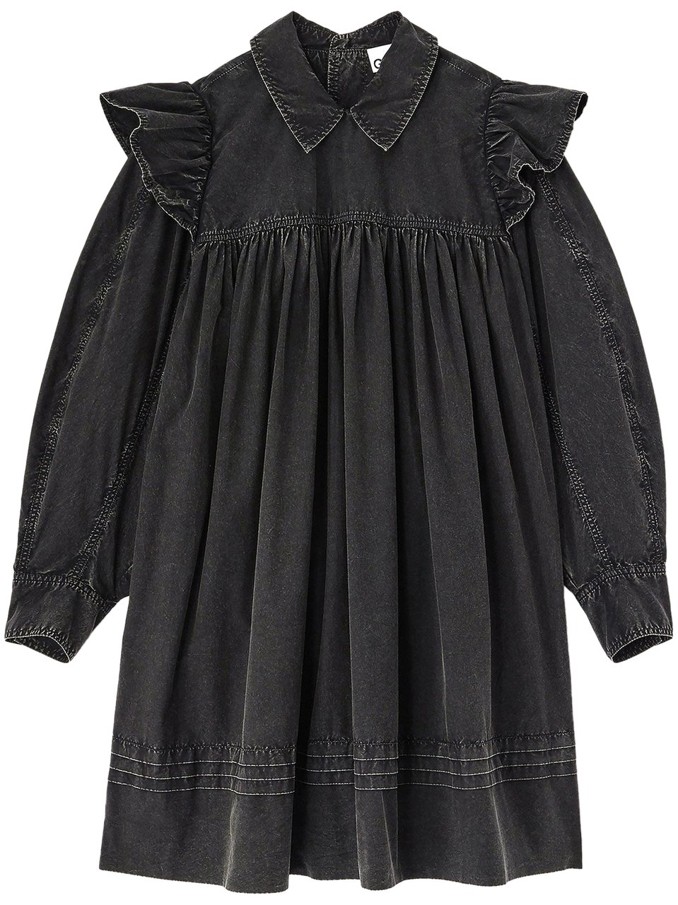 Ganni Garment Dyed Cotton Mini Frill Dress Zwart