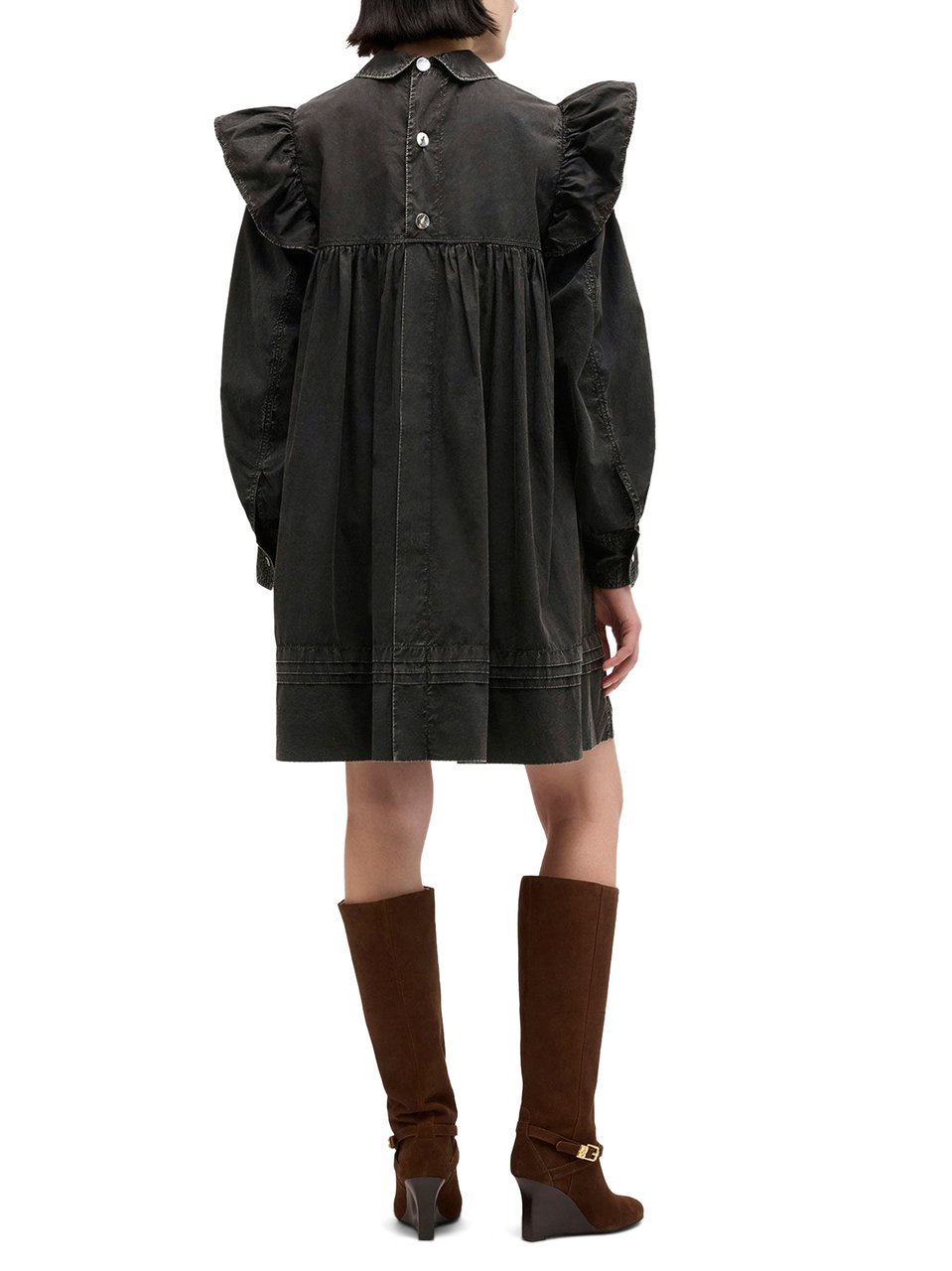 Ganni Garment Dyed Cotton Mini Frill Dress Zwart