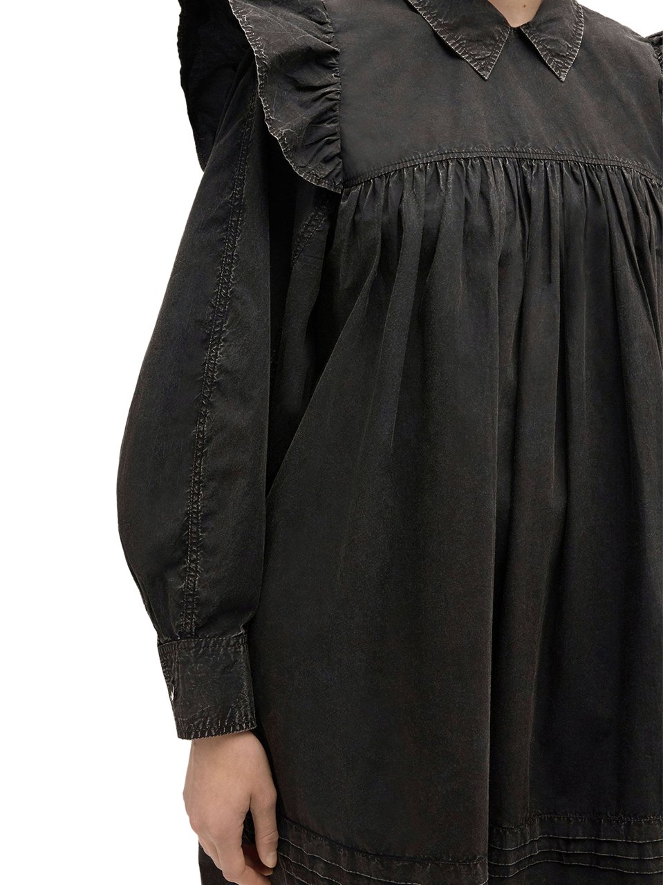 Ganni Garment Dyed Cotton Mini Frill Dress Zwart