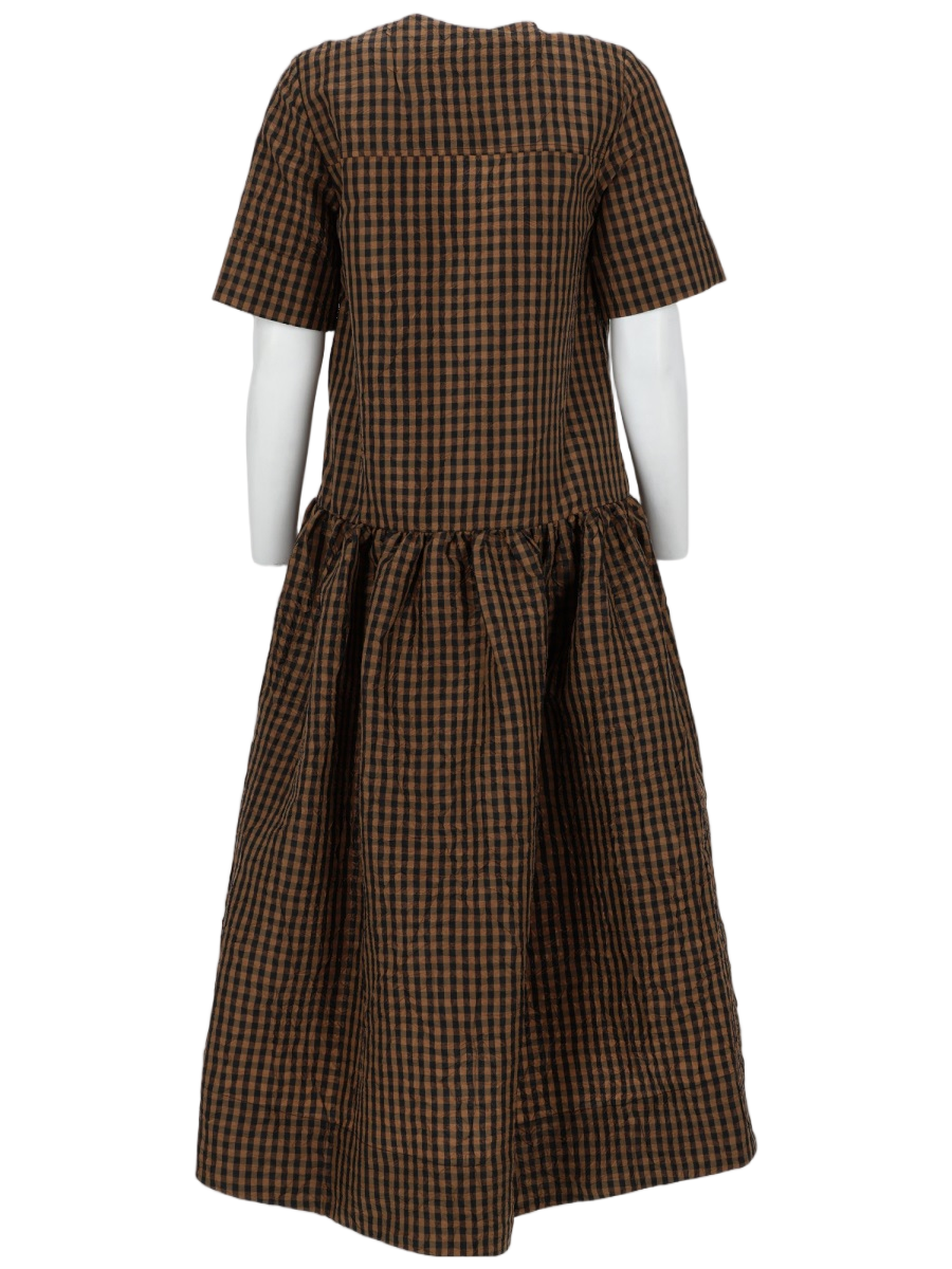 Ganni Brown Check Gathered Waist Day Dress Zwart