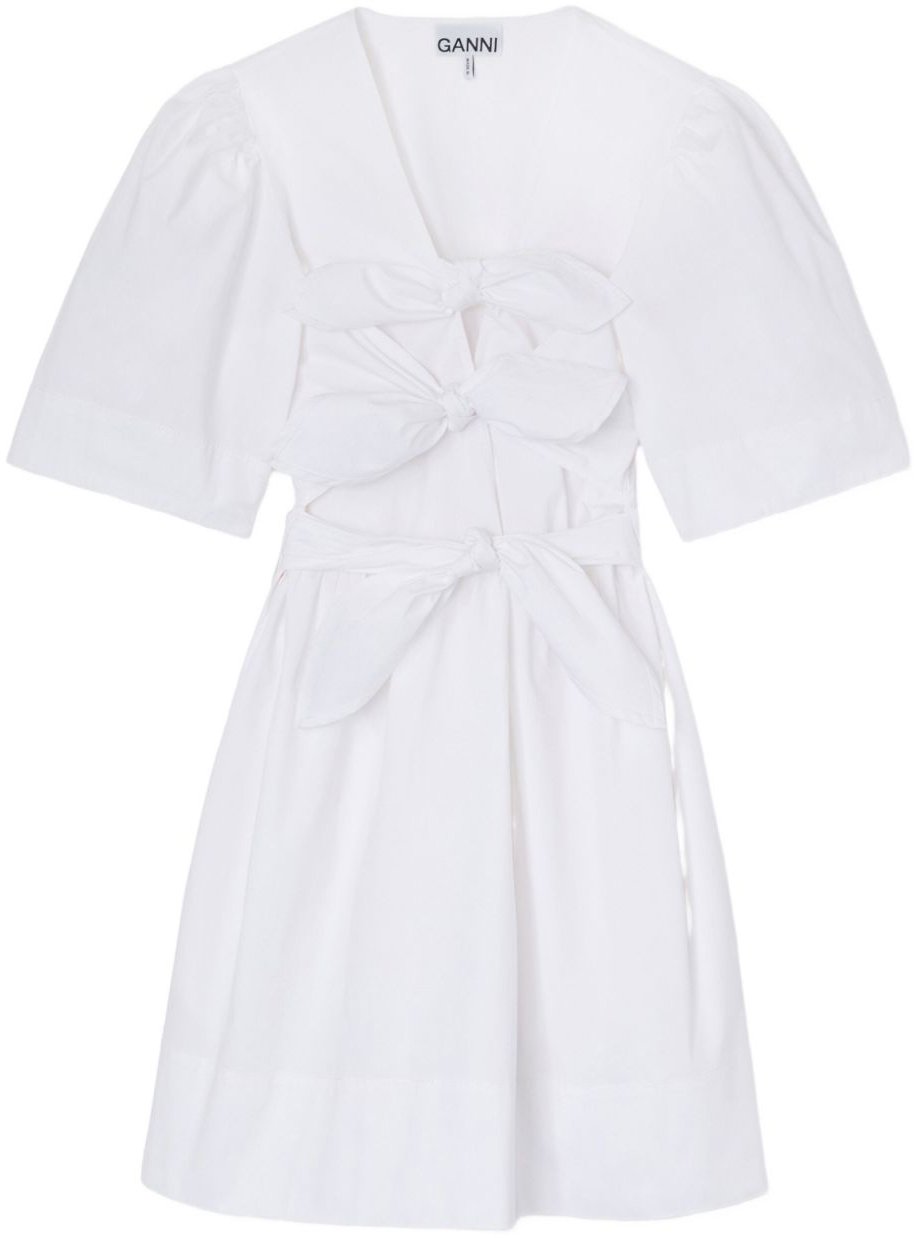 Ganni Stretch Cotton Mini Tie Strap Dress Wit