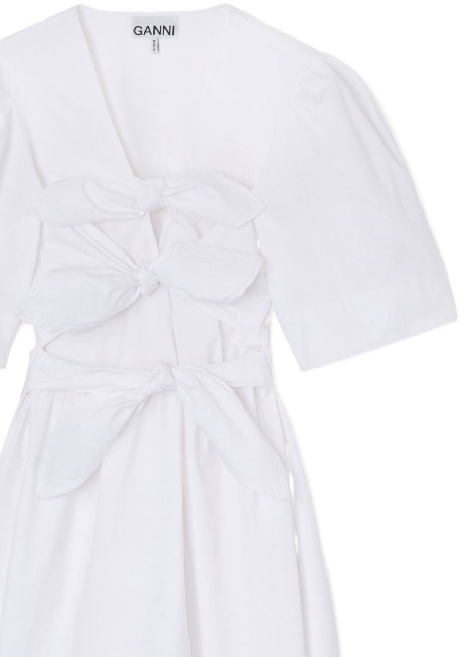 Ganni Stretch Cotton Mini Tie Strap Dress Wit
