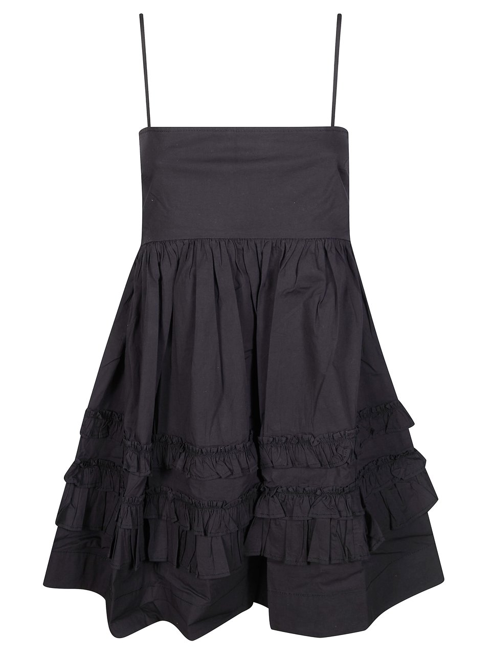 Ganni Black Layered Ruffle Spaghetti Strap Mini Dress Zwart