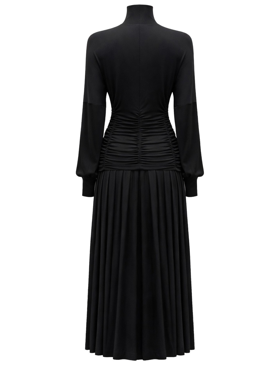 Ganni High-Neck Ruched Bodice Pleated Midi Dress Zwart