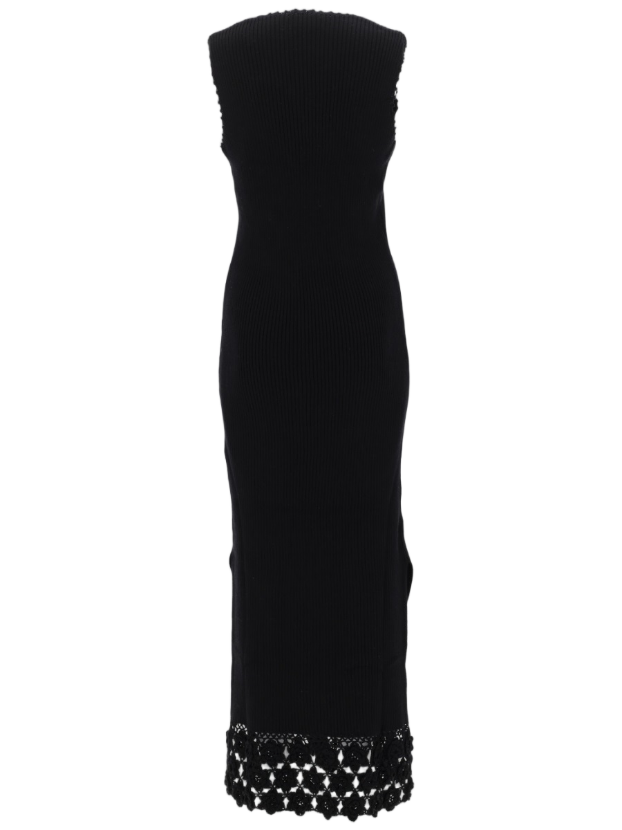 Ganni Ribbed Knit V-Neck Crochet Dress Zwart